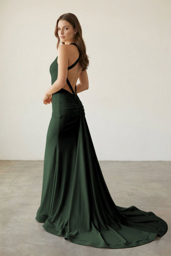 Pink Halter Satin Mermaid Open Back Long Formal Prom Dresses – Prom Dress by KissProm | Available at KissProm