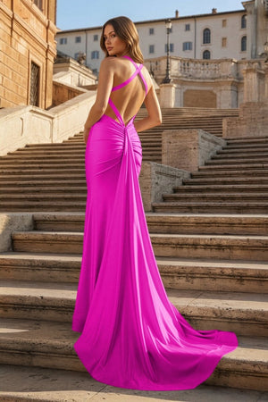 Pink Halter Satin Mermaid Open Back Long Formal Prom Dresses – Prom Dress by KissProm | Available at KissProm