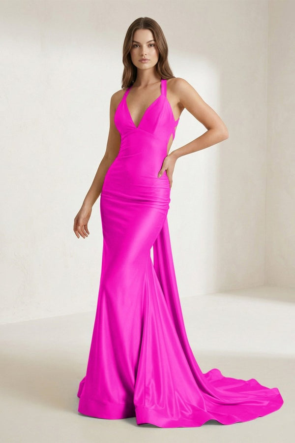 Pink Halter Satin Mermaid Open Back Long Formal Prom Dresses – Prom Dress by KissProm | Available at KissProm