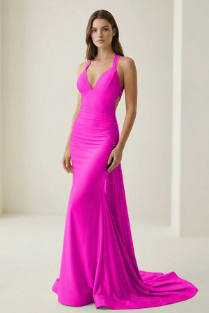 Pink Halter Satin Mermaid Open Back Long Formal Prom Dresses – Prom Dress by KissProm | Available at KissProm