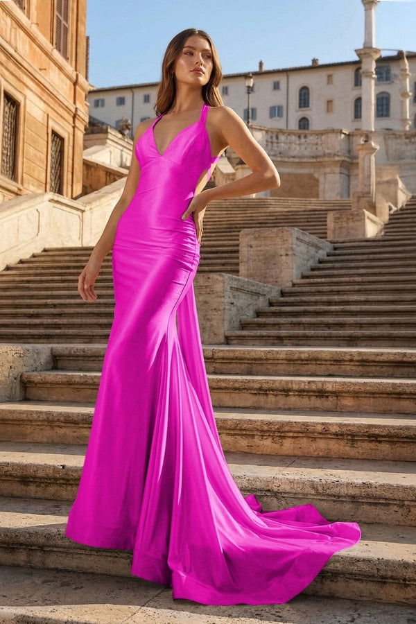 Pink Halter Satin Mermaid Open Back Long Formal Prom Dresses – Prom Dress by KissProm | Available at KissProm