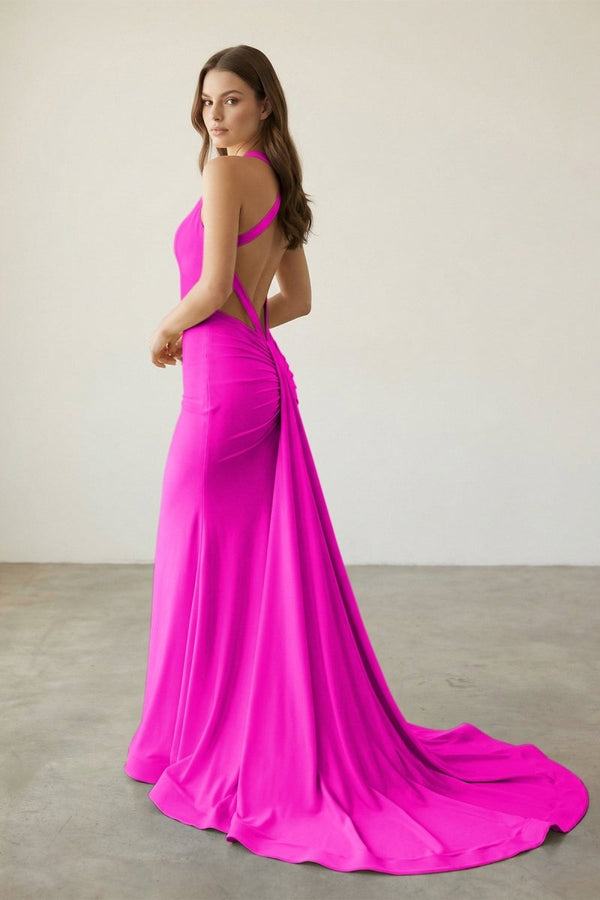 Pink Halter Satin Mermaid Open Back Long Formal Prom Dresses – Prom Dress by KissProm | Available at KissProm