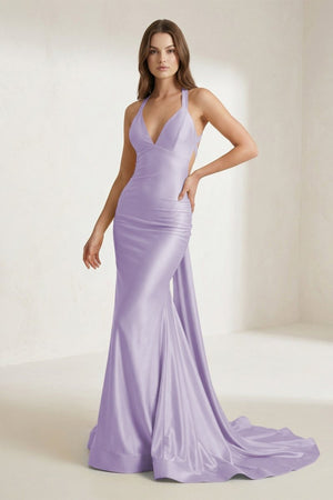 Pink Halter Satin Mermaid Open Back Long Formal Prom Dresses – Prom Dress by KissProm | Available at KissProm