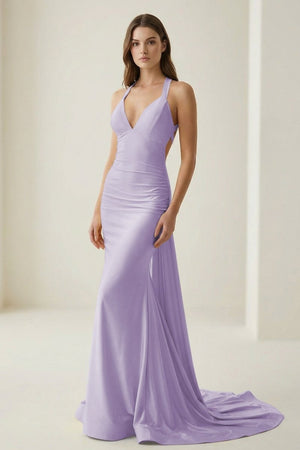 Pink Halter Satin Mermaid Open Back Long Formal Prom Dresses – Prom Dress by KissProm | Available at KissProm