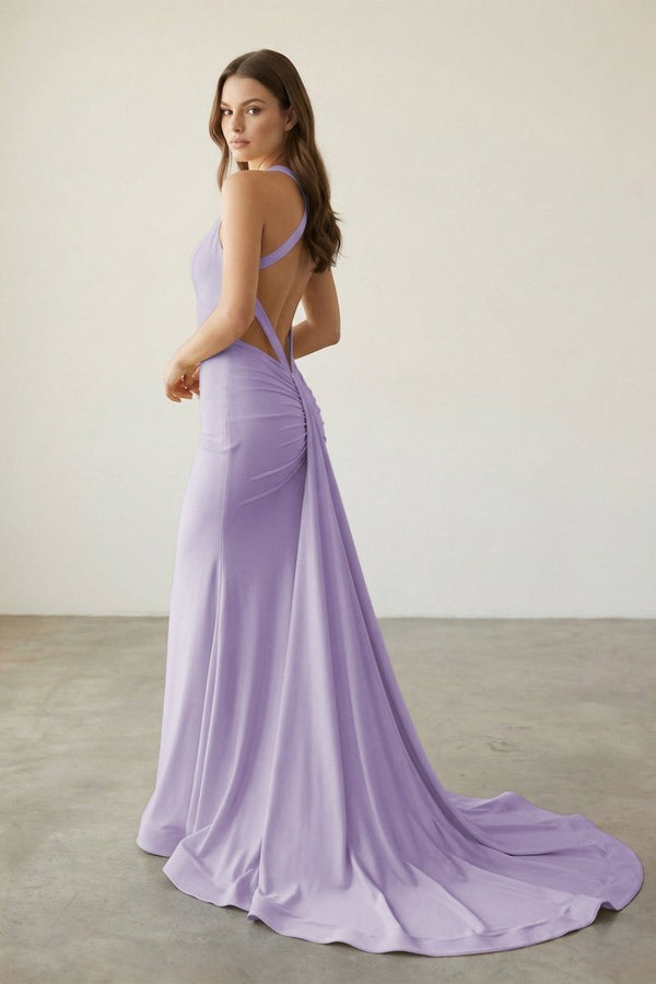 Pink Halter Satin Mermaid Open Back Long Formal Prom Dresses – Prom Dress by KissProm | Available at KissProm