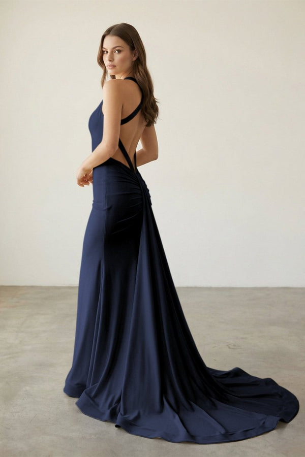Pink Halter Satin Mermaid Open Back Long Formal Prom Dresses – Prom Dress by KissProm | Available at KissProm