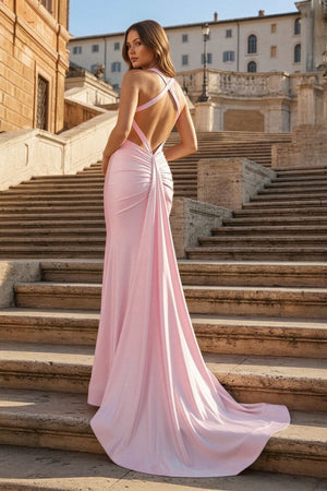 Pink Halter Satin Mermaid Open Back Long Formal Prom Dresses – Prom Dress by KissProm | Available at KissProm