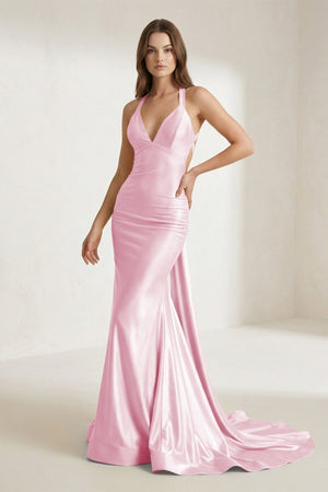 Pink Halter Satin Mermaid Open Back Long Formal Prom Dresses – Prom Dress by KissProm | Available at KissProm