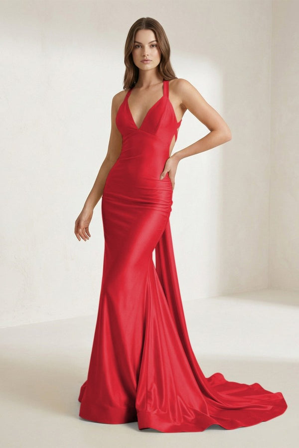 Pink Halter Satin Mermaid Open Back Long Formal Prom Dresses – Prom Dress by KissProm | Available at KissProm