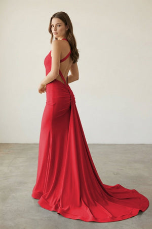 Pink Halter Satin Mermaid Open Back Long Formal Prom Dresses – Prom Dress by KissProm | Available at KissProm