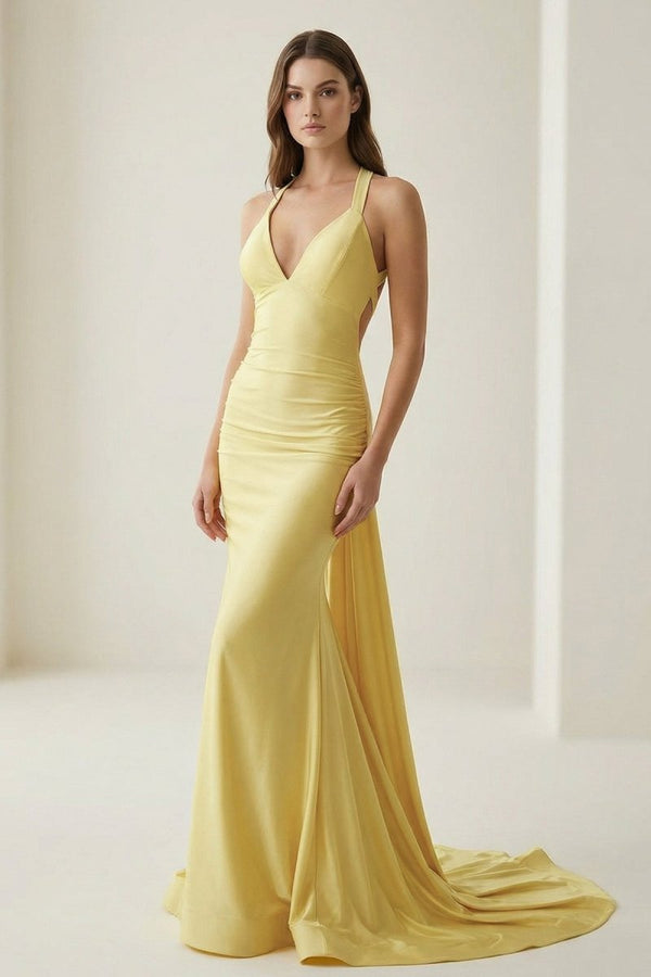 Pink Halter Satin Mermaid Open Back Long Formal Prom Dresses – Prom Dress by KissProm | Available at KissProm