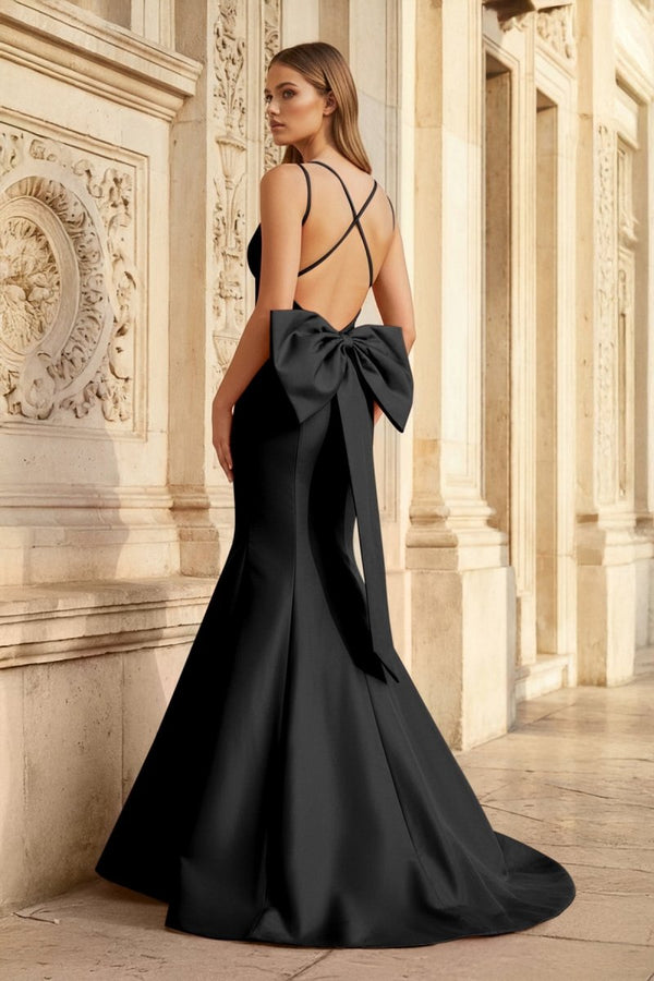 Hot Pink Spaghetti Straps Bow - Back Trumpet Long Gown - KissProm