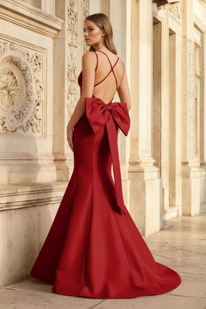Hot Pink Spaghetti Straps Bow - Back Trumpet Long Gown - KissProm