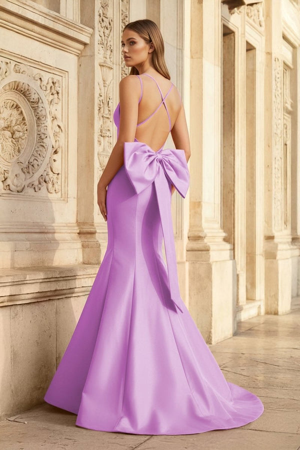 Hot Pink Spaghetti Straps Bow - Back Trumpet Long Gown - KissProm