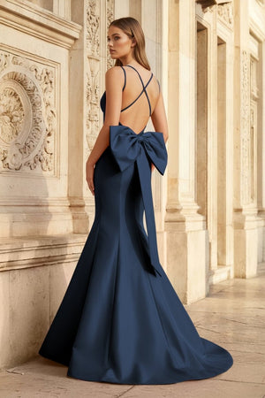 Hot Pink Spaghetti Straps Bow - Back Trumpet Long Gown - KissProm