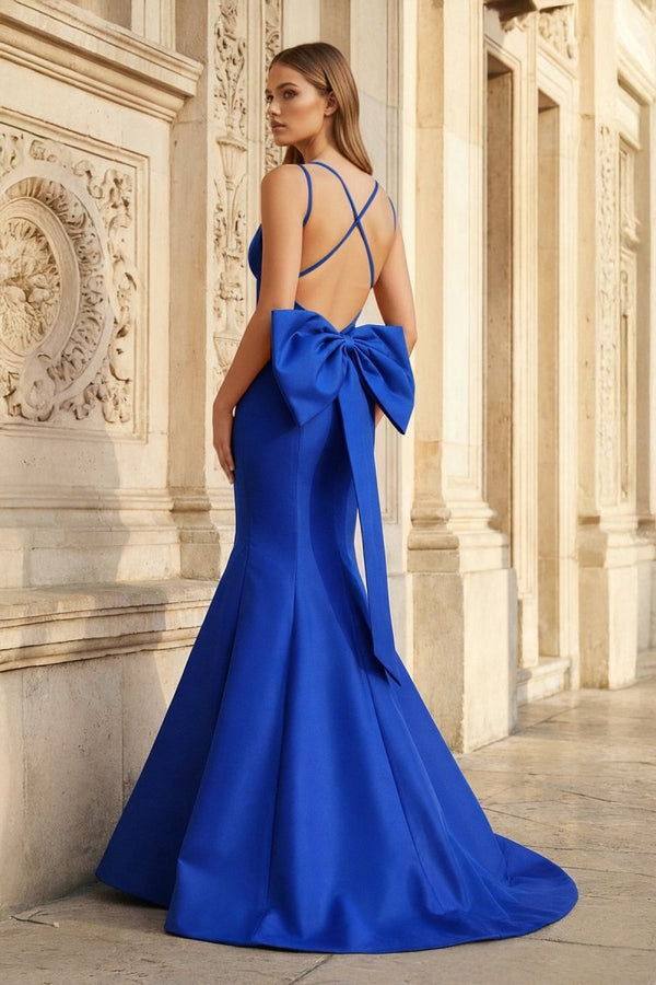 Hot Pink Spaghetti Straps Bow - Back Trumpet Long Gown - KissProm