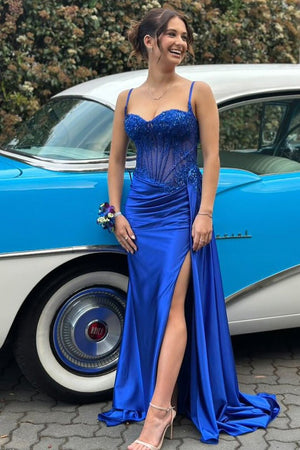 Silver Spaghetti Straps Mermaid Appliqued Prom Dress With Split – Prom Dress by KissProm | Available at KissProm