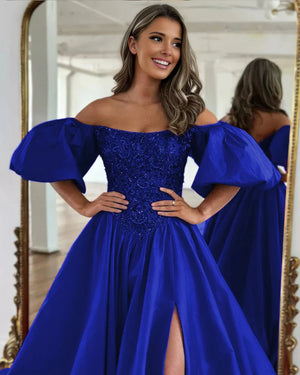 A-Line Off The Shoulder Taffeta Prom Dress With Short Puffy Sleeves – Prom Dress by KissProm | Available at KissProm