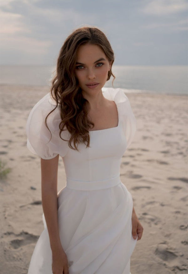 Charming A-Line Square Neck Short Sleeves Wedding Dresses with Train – Wedding Dresses by kissprom | Available at KissProm