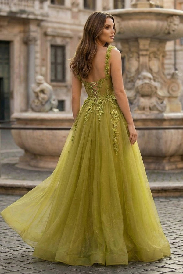 A - Line Olive Sweetheart Tulle Long Prom Dresses with Lace Appliques - KissProm
