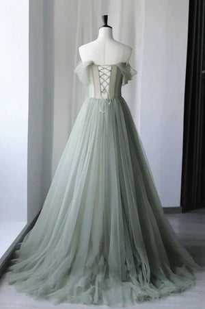 Princess Off the Shoulder Embroidering Tulle Sage Ball Gown – Prom Dresses by KissProm | Available at KissProm