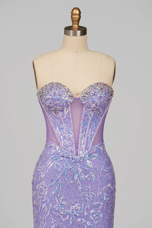 Feloria | Lilac Strapless Mermaid Sequined Lace Formal Prom Dresses With Beading - KissProm
