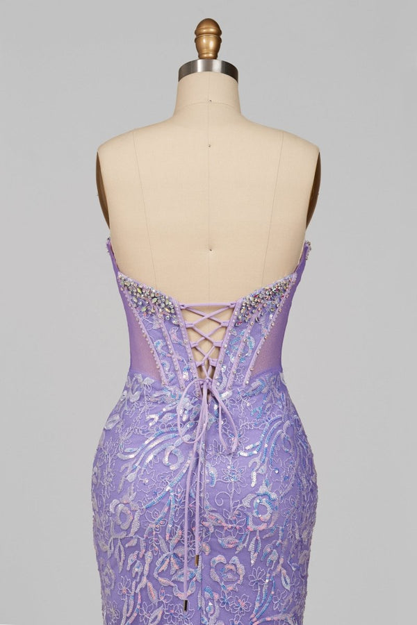 Feloria | Lilac Strapless Mermaid Sequined Lace Formal Prom Dresses With Beading - KissProm