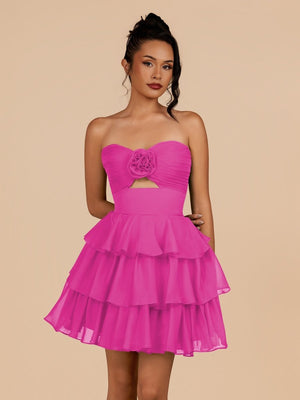 Fuchsia - Strapless A Line Chiffon Ruffles Homecoming Dresses With Flower – Homecoming Dress by KissProm | Available at KissProm