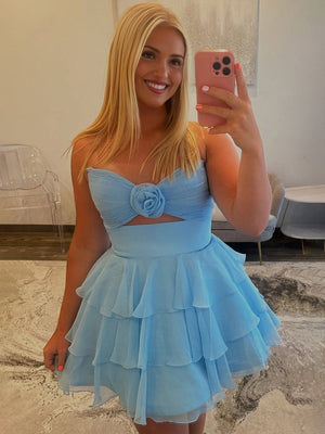 Fenara | Blue - Strapless A Line Chiffon Ruffles Homecoming Dresses With Flower