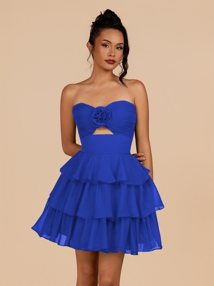 Royal Blue - Strapless A Line Chiffon Ruffles Homecoming Dresses With Flower – Homecoming Dress by KissProm | Available at KissProm
