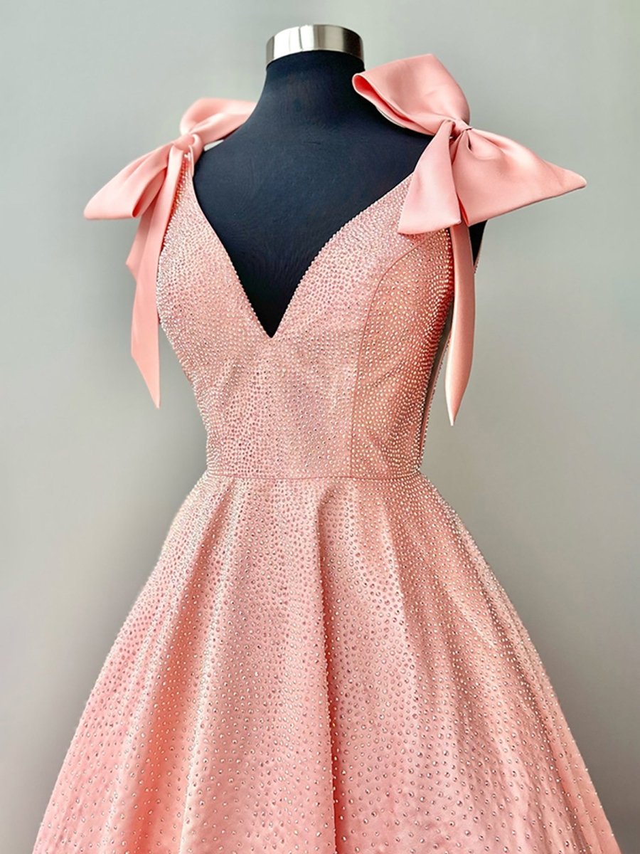 Blush - V Neck Satin A Line Beaded Homecoming Dress With Bow – Homecoming Dress by KissProm | Available at KissProm