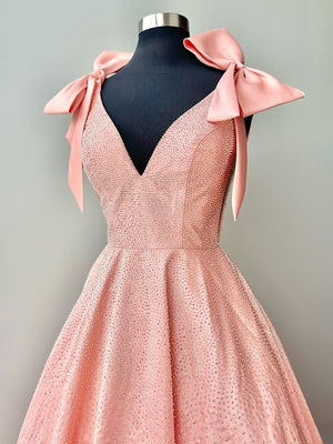Blush - V Neck Satin A Line Beaded Homecoming Dress With Bow – Homecoming Dress by KissProm | Available at KissProm