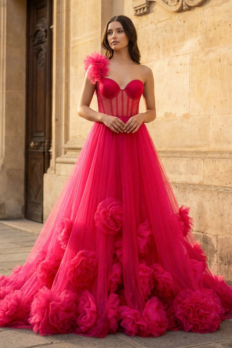 Hot Pink Ball Gown One - Shoulder Tulle Prom Dresses - KissProm