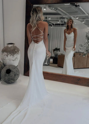 Mermaid Satin White Spaghetti-Straps Wedding Dresses With Lace-Up Back – Wedding Dress by Kissprom | Available at KissProm
