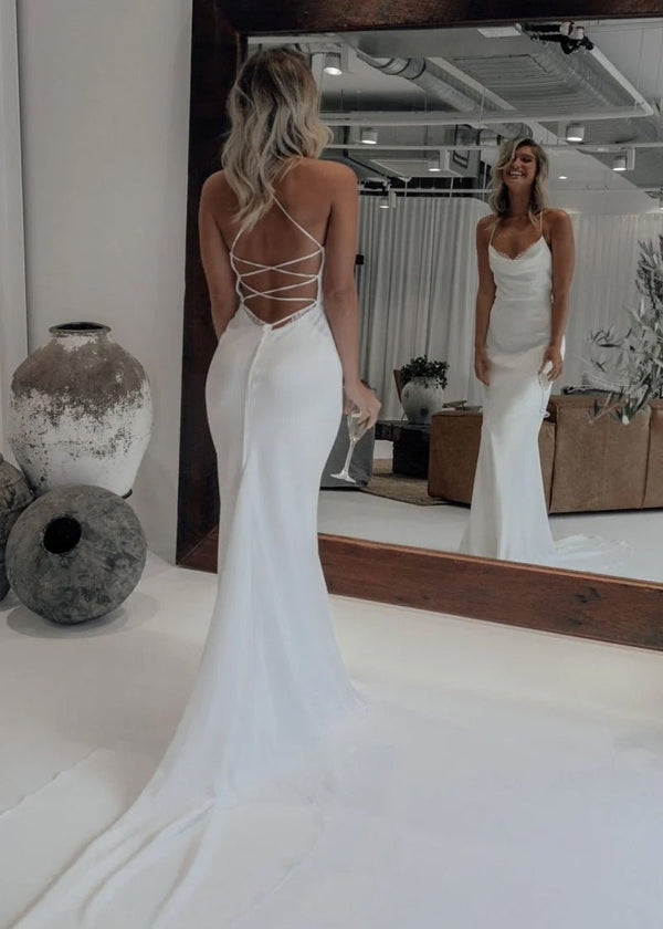 Mermaid Satin White Spaghetti-Straps Wedding Dresses With Lace-Up Back – Wedding Dress by Kissprom | Available at KissProm