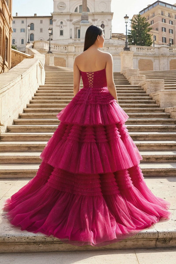 A - Line Strapless Tulle Long Prom Dress with Tiered Ruffles - KissProm