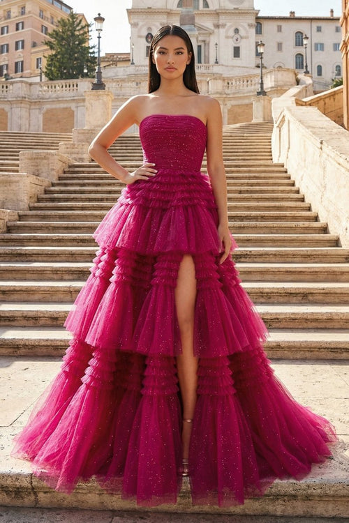 A - Line Strapless Tulle Long Prom Dress with Tiered Ruffles - KissProm
