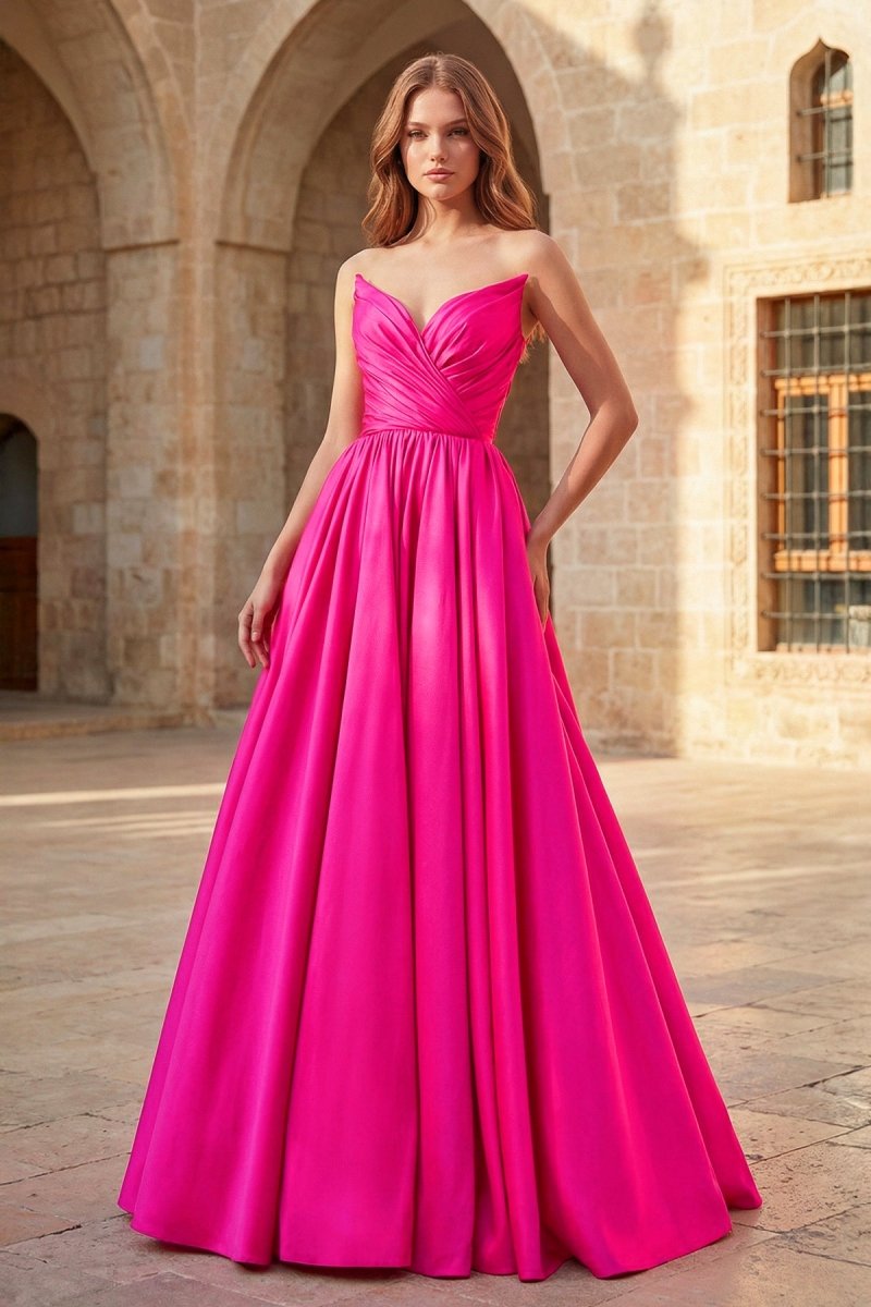 A - Line Strapless Satin Long Prom Dress - KissProm