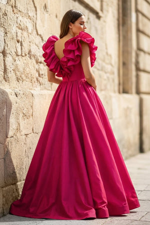 Red Ruffle V Neck Satin A - Line Long Prom Dresses - KissProm