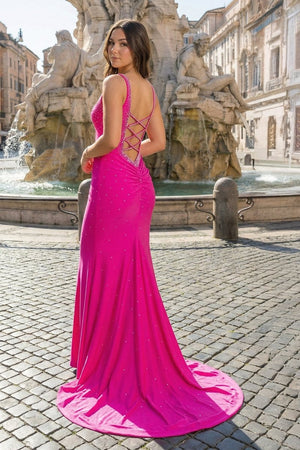 Mermaid V - Neck Beaded Satin Prom Dress with Cross Back - KissProm
