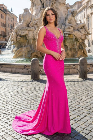 Mermaid V - Neck Beaded Satin Prom Dress with Cross Back - KissProm