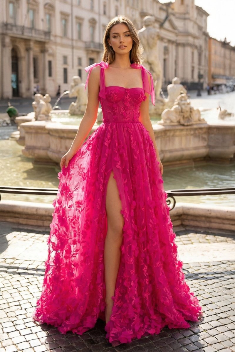 Fuchsia - Elegant A - line 3D Flower Tulle Prom Dress With Slit - KissProm