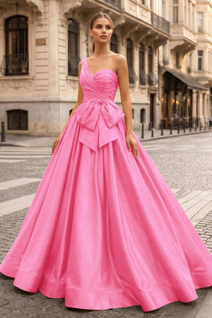 One Shoulder Satin A Line Prom Dress With Bow - KissProm