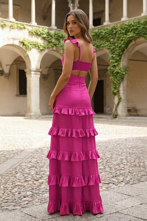 Knotted Sage Ruffles Mermaid Tiedred Maxi Dress - KissProm