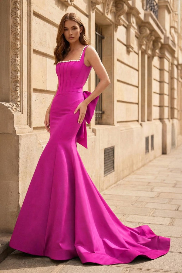Black Square Neck Mermaid Satin Long Prom Dresses With Pearls – Prom Dress by KissProm | Available at KissProm
