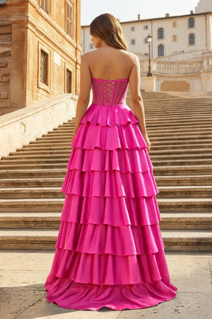 Gray Sweetheart A Line Satin Ruffled Long Prom Dresses With Slit - KissProm