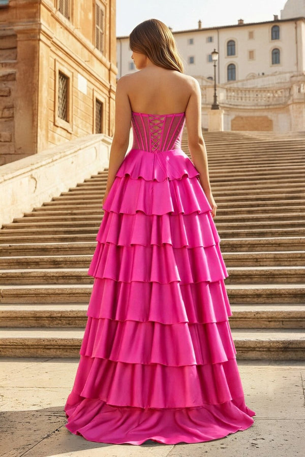 Gray Sweetheart A Line Satin Ruffled Long Prom Dresses With Slit - KissProm