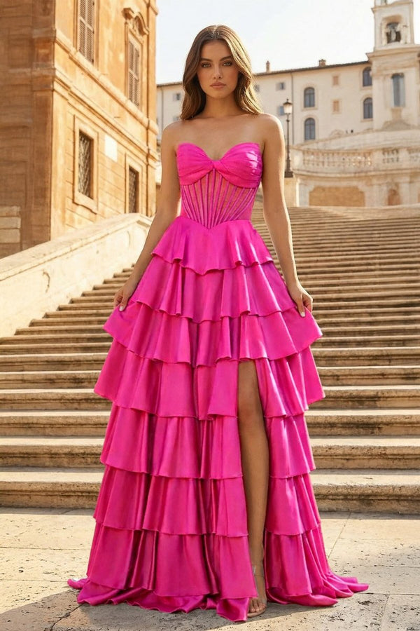 Gray Sweetheart A Line Satin Ruffled Long Prom Dresses With Slit - KissProm