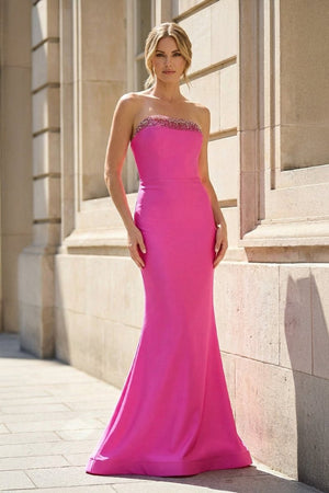 Fuchsia Strapless Mermaid Satin Long Prom Dresses With Beading - KissProm