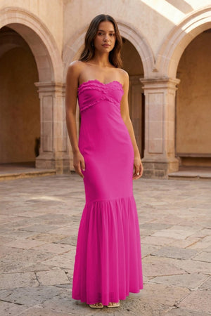 Yellow Strapless Sheath Chiffon Long Prom Dresses With Ruffles – Prom Dress by KissProm | Available at KissProm